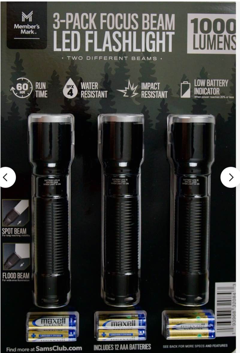 Member's Mark Focus Beam LED Flashlight 1000 Lumens Batteries Included, 3 Pack