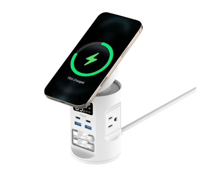 tech squared power tower with qi2 wireless charging and retractable cords