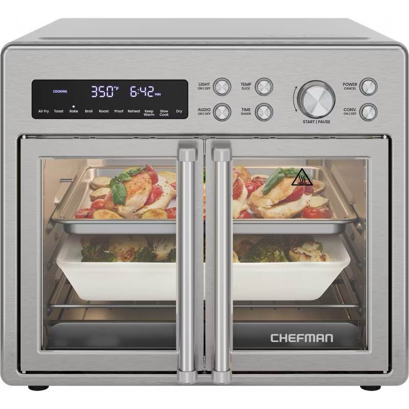 chefman french door 10-in-1 toaster oven air fryer, 26-quarts, fits 12-inch pizza – stainless steel