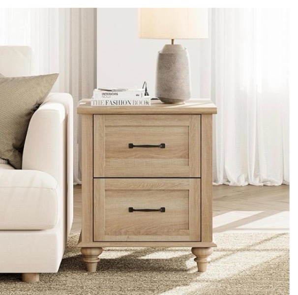 WAMPAT End Table Nightstand with Charging Station, Farmhouse Side Table for Living Room with 2 Drawers, Natural Wood Night Stand Bedside Table for Bedroom, Oak