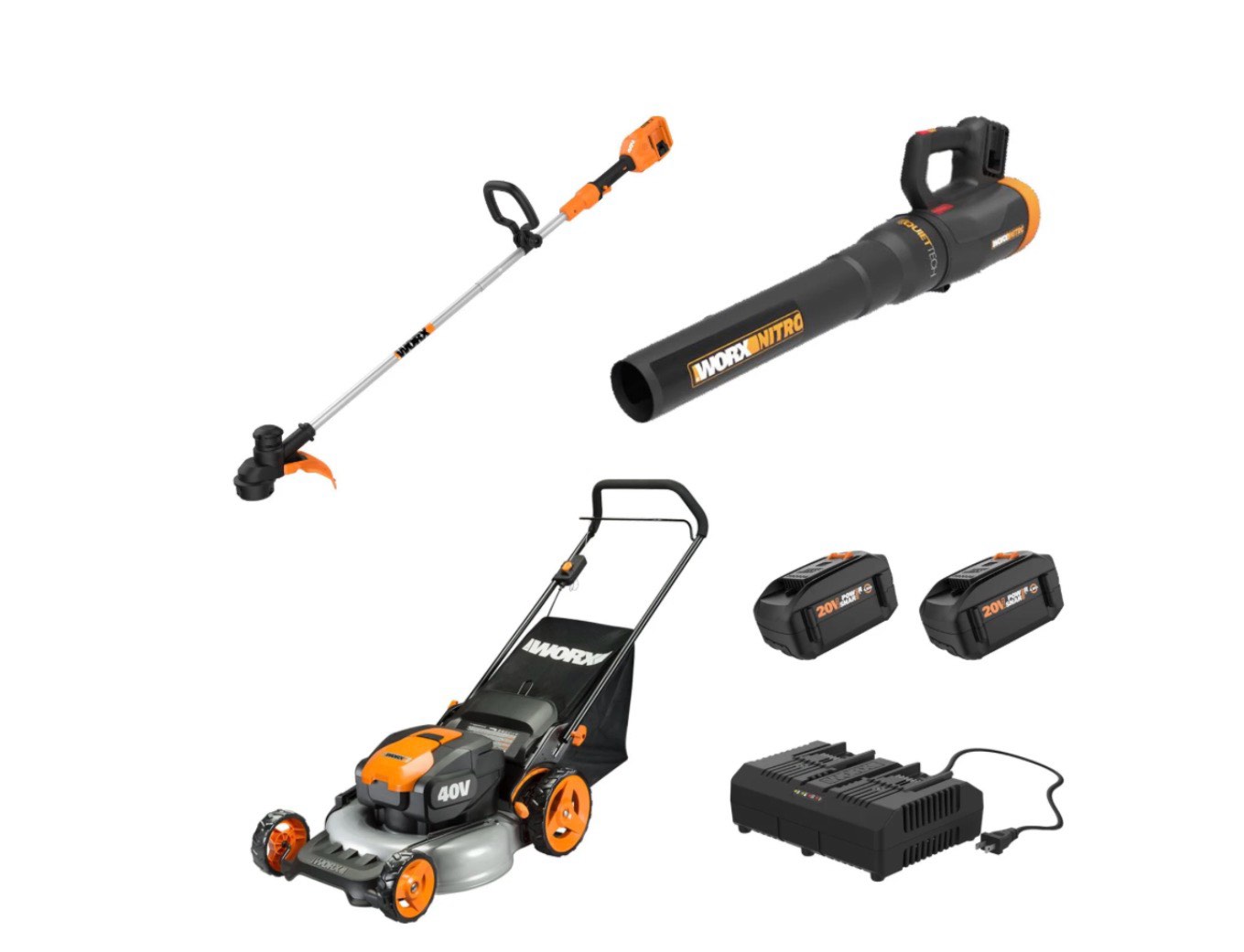 worx 40v combo, includes 20" push mower, 13" string trimmer, quiet tech blower