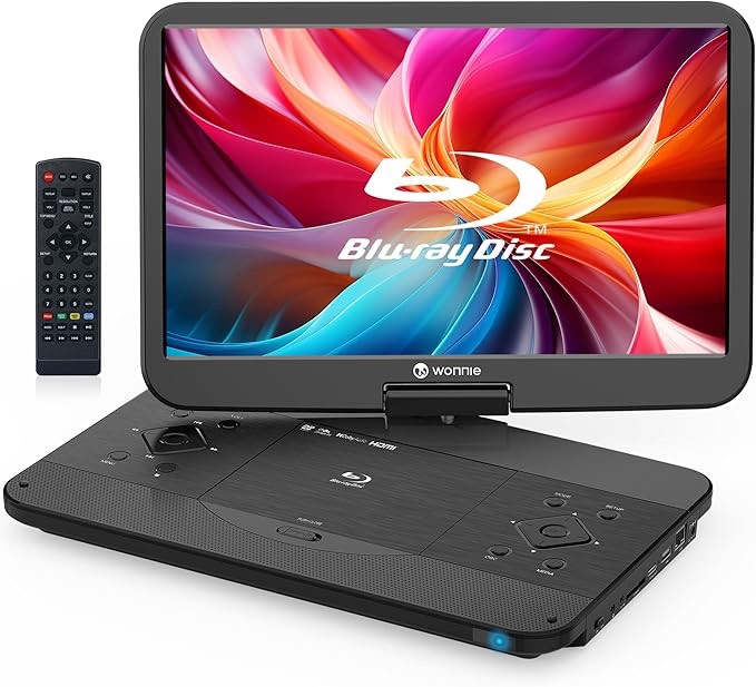 wonnie 17.6" portable blu ray player with 15.4" 1080p full hd large swivel screen, blu-ray dvd player with hdmi out & av in, built-in rechargeable battery, support mp4, mov video & usb/sd card