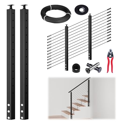 Muzata 5-10FT Modular Black Side Mount Cable Railing Kit 42 Inch 2 Stair Post Kit Complete Set Cable Railing System for Stairs Length Adjustable with Paper User Guide (No Handrail) RWF1 BA4L