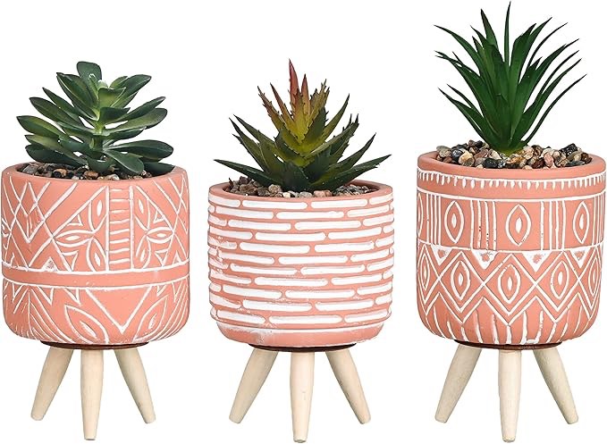 TERESA'S COLLECTIONS Small Artificial Bohemian Potted Plants Set of 3 Fake Succulent Plants with Ceramic Vase for Desktop Decoration Window Sill Living Room Shelf