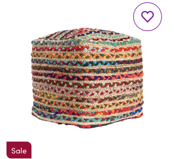 chindi modern boho colorful striped hand-braided chindi/jute ottoman pouf upholstery color: blue/green/red/pink/orange/ivory