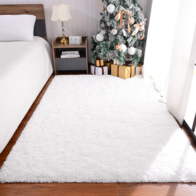 M Fluffy Shag Bedroom Rug, 4x6 Feet White Area Rugs for Living Room Nursery Bedside, Fuzzy Plush Dorm Rug for Girls Kids, Furry Carpet for Indoor Modern Soft Home Decor