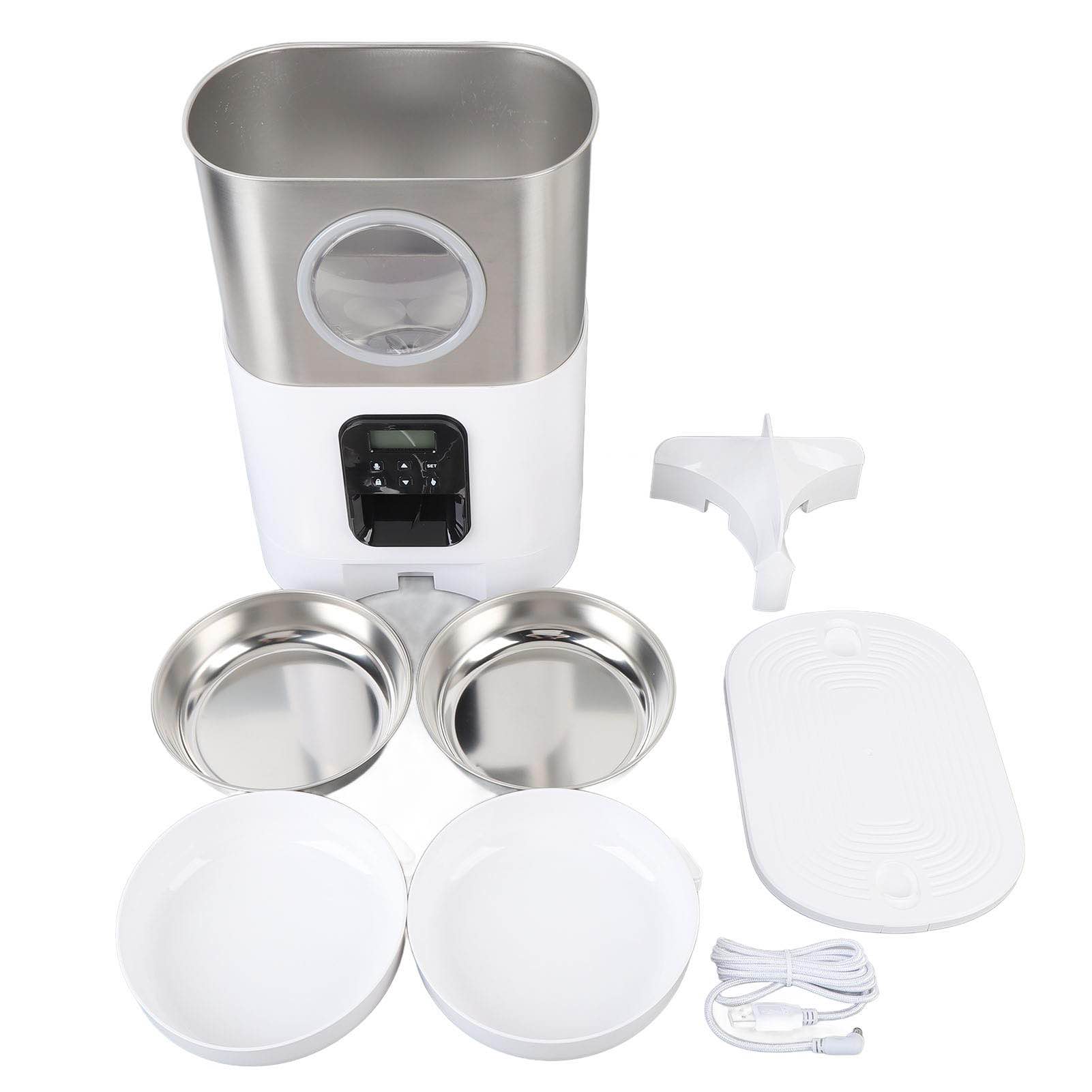 ( Incomplete, missing a piece) Automatic Pet Feeders for 2 Cats, 5L Capacity Visable Window Timed Quantitative Cat Feeding Food Dispenser with 2 Stainless Steel Bowls Suitable for Household Multiple Pets (White)