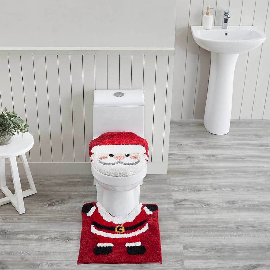 VCNY Home - Rug Set, Toilet Lid Cover & Contour Mat, Festive Santa Design, Seasonal Home Decor (Holiday Collection, 2-Piece)