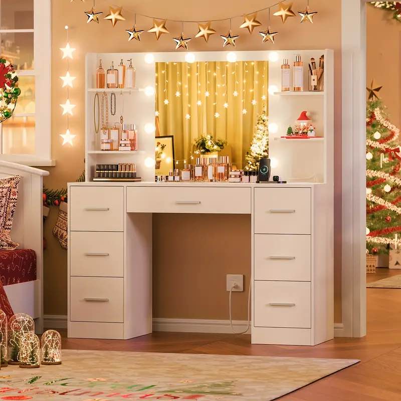 VICTONE Vanity Desk with LED Lighted Mirror&Power Outlet, 3 Model Lights Makeup Vanity Table with 7 Drawers and 6 Storage Shelves for Bedroom and Dressing Room (White)( incomplete)
