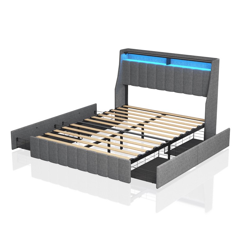 Bed Frame with LED, 4 Under-bed Portable Storage Drawers, Wings Headboard Design ( incomplete)