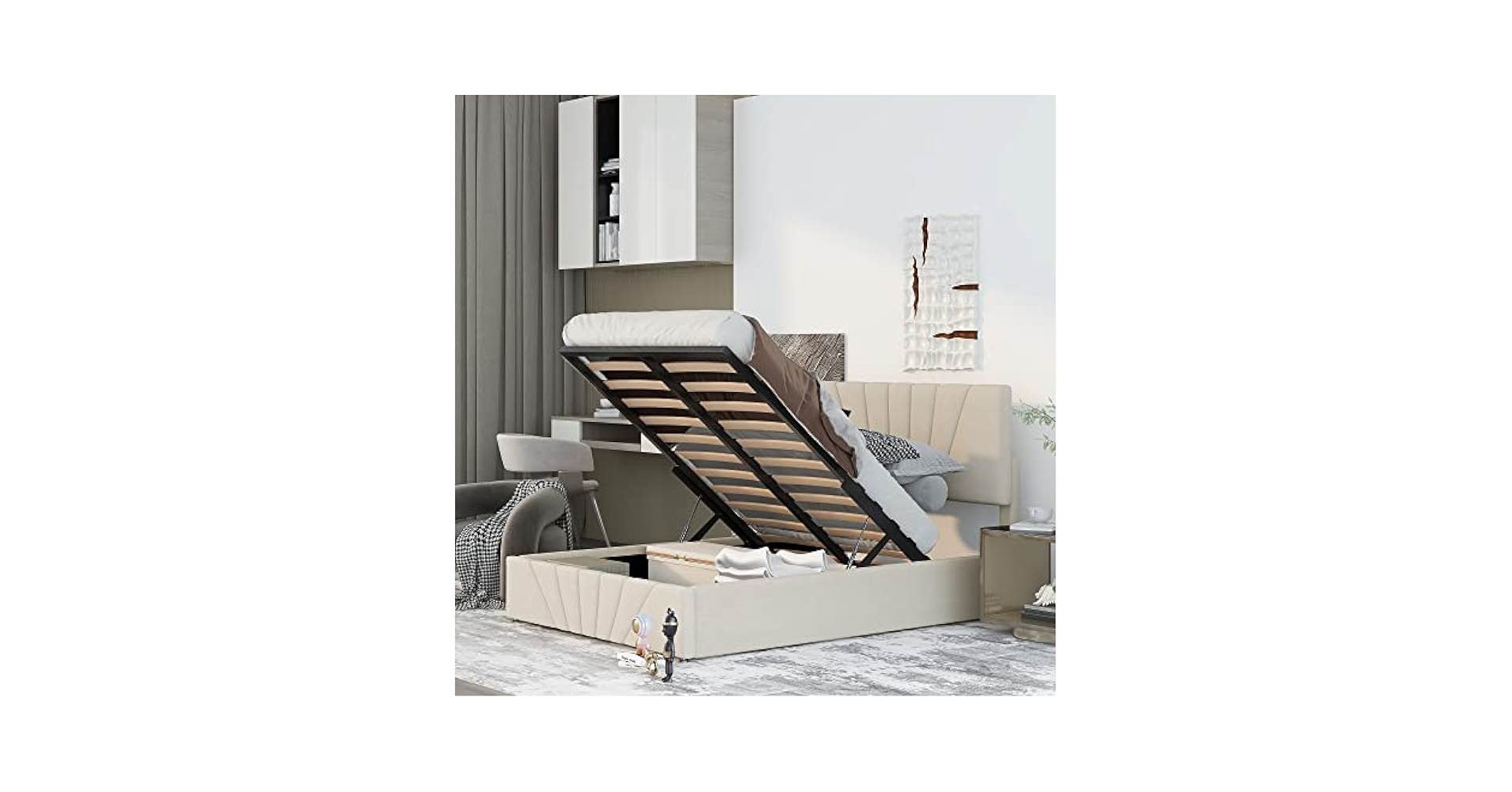 Full Lift Storage Bed, Full Size Platform Bed with Storage Underneath and Headboard, Upholstered Bed Frame with Gas Lift Up Storage Compatible with Adults, Grey,Bed Frame( incomplete 1 of 2 a box to pick up )