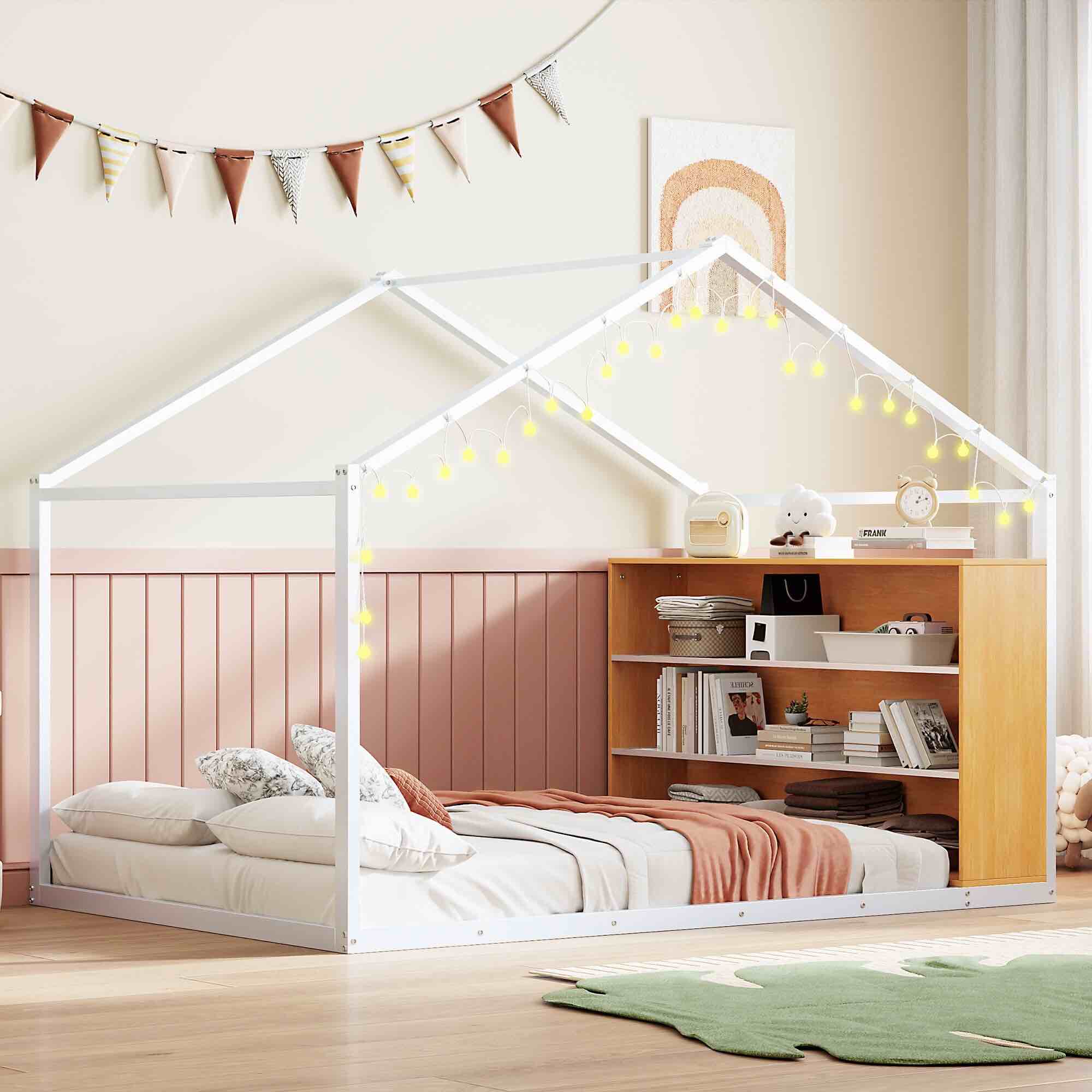 Wooden bed frame full size white color.