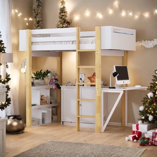 Twin Size Wood Loft Bed With Built-in Storage Cabinet and Cubes, Foldable desk.( incomplete 2 of 2 a box to pick up)
