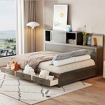 Storage Daybed with 3 Drawers, Full Size Bed Frame with Storage Shelf and Upper Soft Board, Day Bed with Sockets and USB Ports, Sofa Bed Frame for Bedroom,Living Room Furniture, Gray ( a box to pick up)