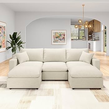 U Shape Cloud Sectional Sofa,Down Filled Comfort Linen Modular Couch,5 Seat Modern Convertible Couch Cushion Covers Removable Sectional Sofas for Living Room,Beige.( incomplete color gray)