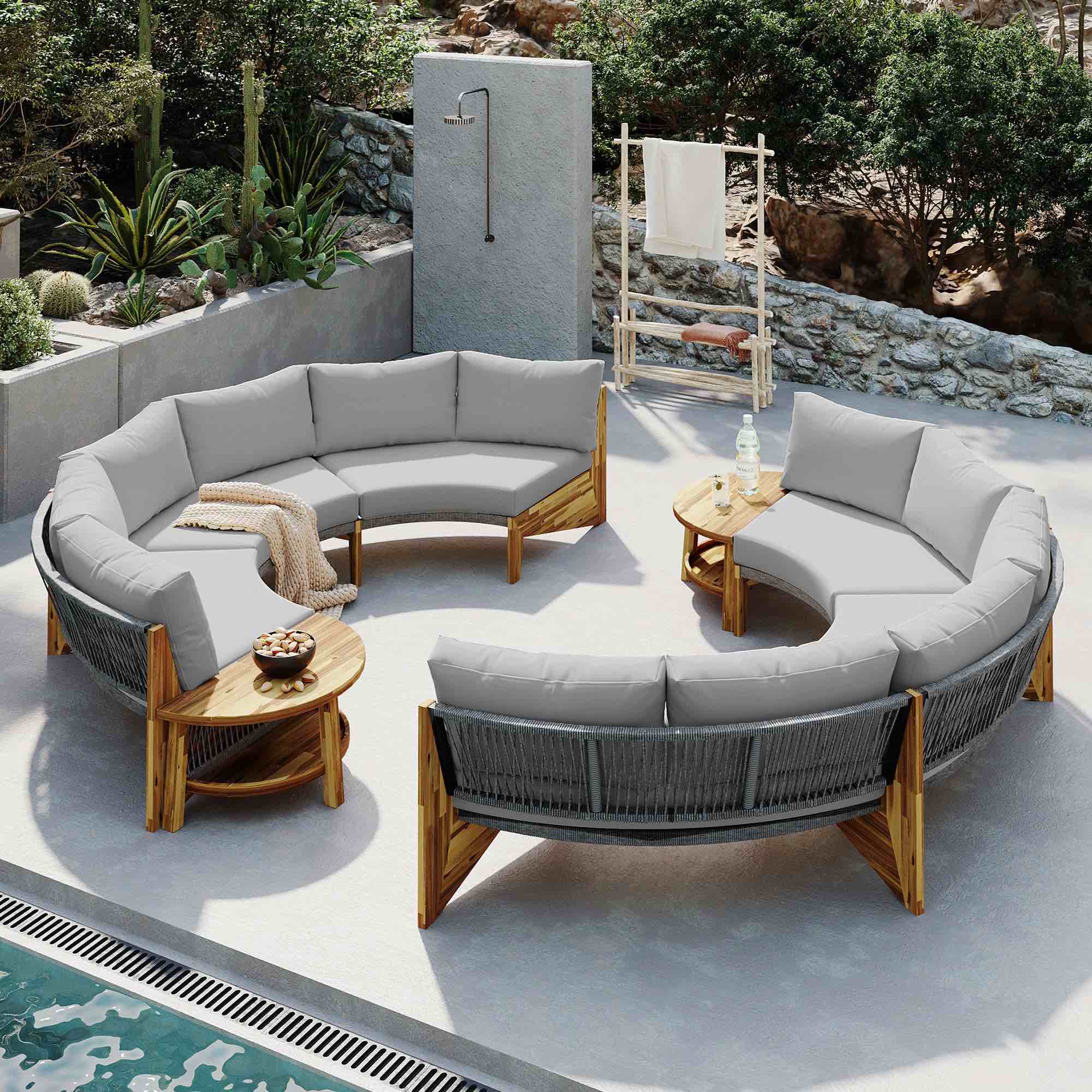 6-Person Outdoor Seating Group with Cushions and A Coffee Table, Half Moon Outdoor Sectional Sofa Set, Acacia Wood Outdoor Patio Furniture for Balcony, Vourtyard, Garden (Gray-63Z)( incomplete different color)