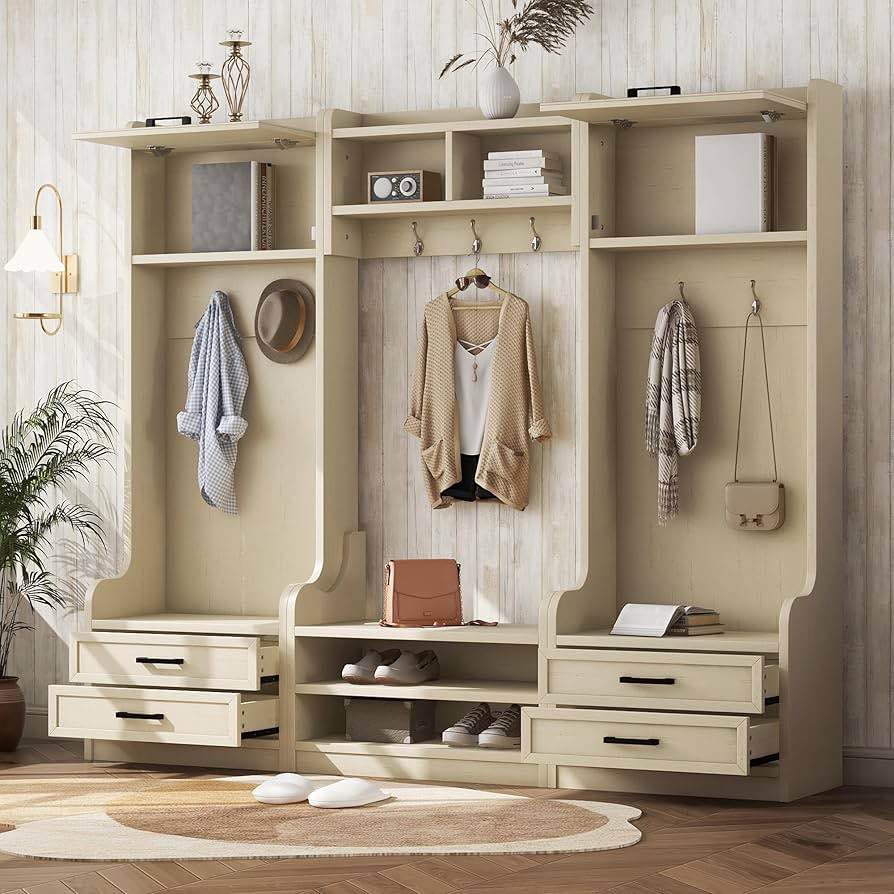 4-in-1 Detachable Hall Tree with Storage and 7 Hooks, Multiple Functions Hallway Coat Rack with 4 Storage Drawers and Cabinet, Wood Shoe Bench for Entryway Hallway (Beige-001). ( incomplete similar different color a box to pick up )