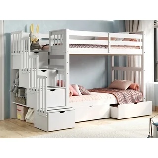 Bedz king single stair bunk beds on single with 3 drawers on the steps and 2 drawers under the white bed. ( incomplete box 2 of 4 a box to pick up )