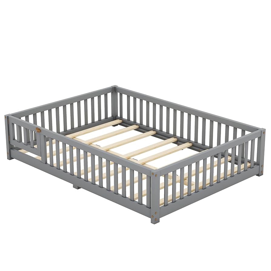 Full Size Floor Bed for Kids with Safety Guardrails, Door Design, Low Profile, Gray, No Box Spring Needed.