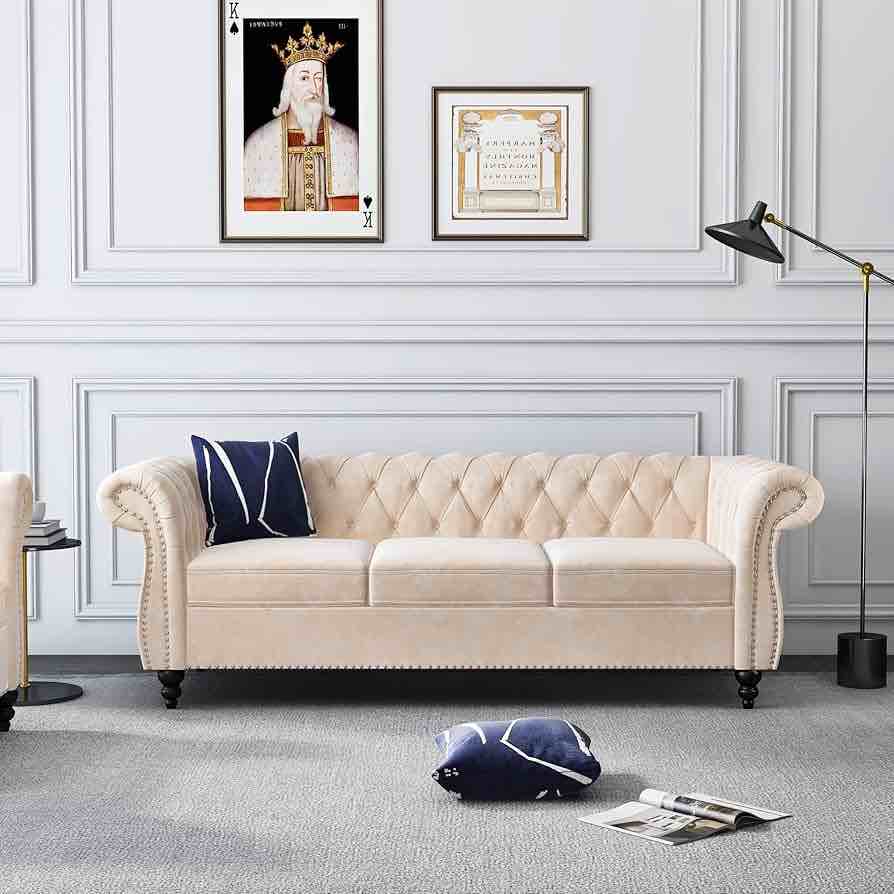 Seater Sofa, Velvet Chesterfield Sofa Modern Tufted Couch 3 Seater Large Sofa with Scroll Arms and Nailhead for Living Room, Beige.( incomplete 2 of 2 a box to pick up)