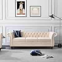 3 Seater Sofa, Velvet Chesterfield Sofa Modern Tufted Couch 3 Seater Large Sofa with Scroll Arms and Nailhead for Living Room, Beige. ( incomplete 2 of 2 a box to pick up)