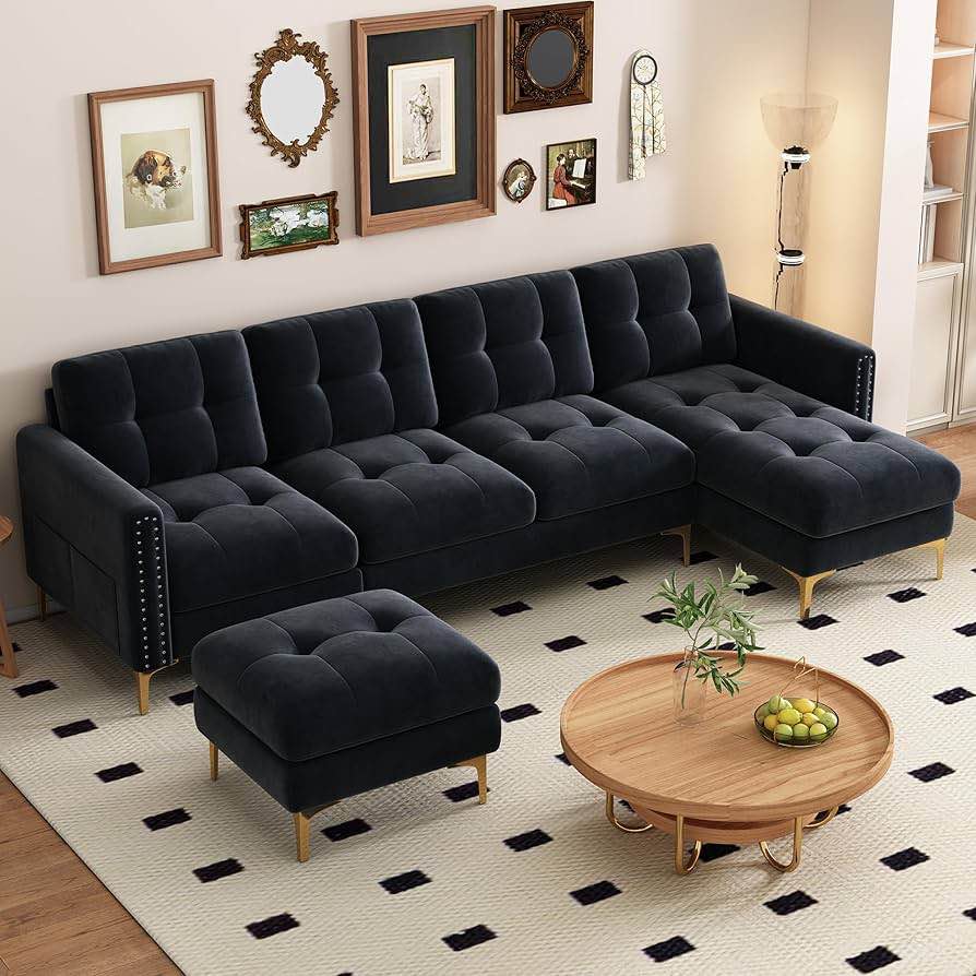 P PURLOVE Velvet Modern Large Sectional Sofa, U Shape Upholstered Couch with Chaise, Convertible Sofa Couch with Movable Ottoman for Living Room Apartment (Light black). ( incomplete 2 box to pick up)