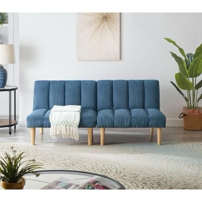 Corduroy Sofa Bed, Convertible Sofa Bed, Folding Futon Sofa Bed, Adjustable Backrest Sofa Bed, Modern Sleeper Loveseat Sofa, Pull Out Sofa Bed, Mid Century Modern Couch (Blue). ( incomplete He's missing his legs)