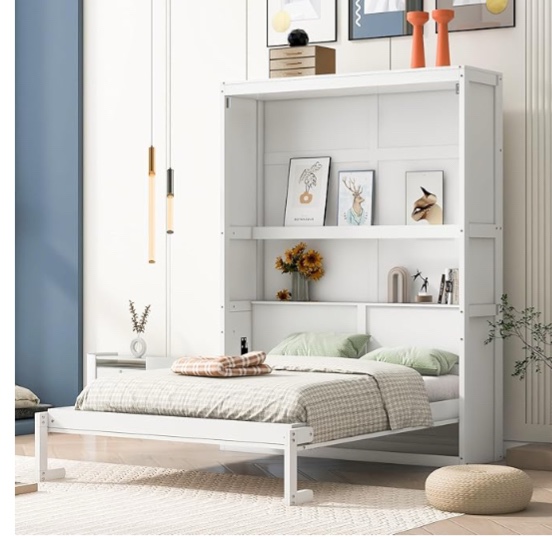 Solid Wood Full Size Murphy Bed Wall Bed with Shelves, Modern Murphy Bed Chest Cabinet Bed Closet Bed Platform Bed for Guest Room Home Office, Space-Saving Design (White-FL4)( 3 box for pick up )