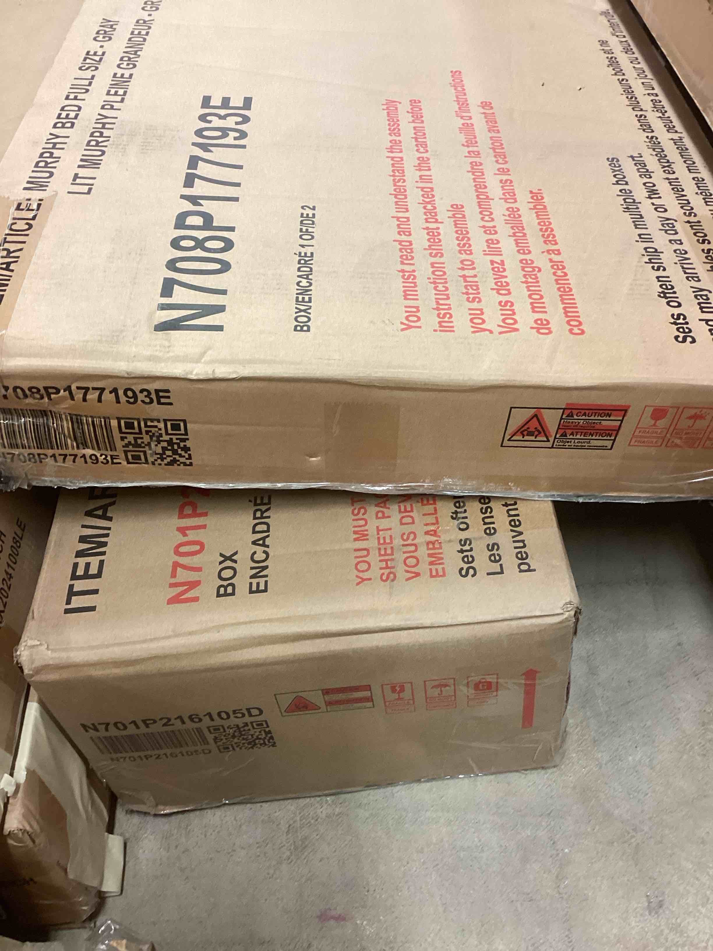 A bed set murphy bed full size color gray and brown. 2 boxes for pick.