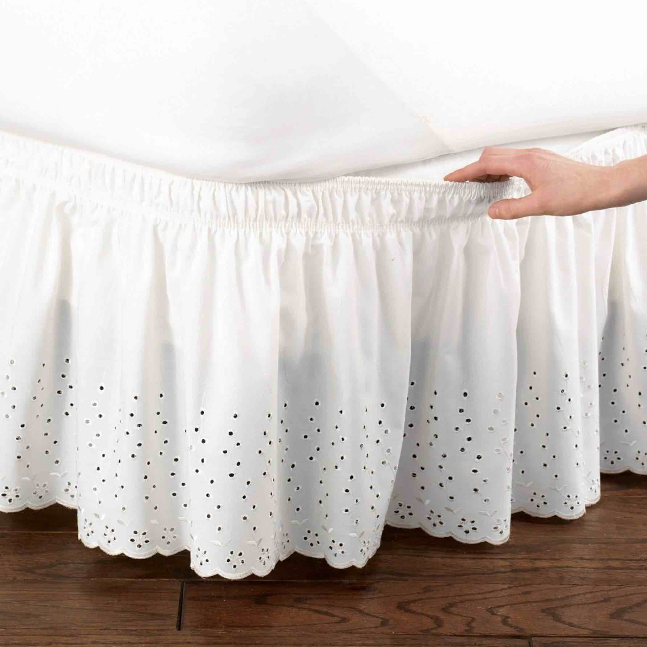 Collections Etc Eyelet Floral Scalloped Elastic Dust Ruffle Bed Skirt, Wrap-Around Easy Fit Design, White, Twin/Full