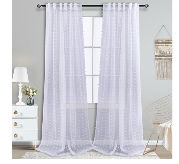 KOUFALL White Sheer Curtains 102 Inches Long for Living Room with Pattern Boho Design Pom Pom Back Tab Ceiling to Floor Length Curtain for Large Bay Window Visit the KOUFALL Store.