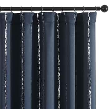 jinchan Boho Blackout Curtains for Bedroom, Silver Foil Striped Patterned Navy Blue Curtains 84 Inches Long Back Tab Room Darkening Thermal Insulated Curtains Blue Window Drapes Set 2 Panels
