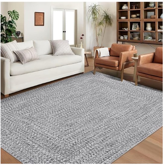 Washable Area Rug - Print Braided Machine Washable Solid Printed Textured Carpet Stain Resistant Non-Slip Accent Rug for Dining Bedroom Decor, Grey