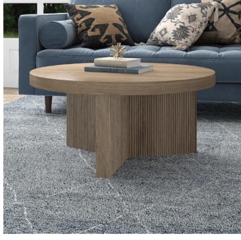 Henn&Hart 32" Fluted Round Wood Pedestal Low-Profile Coffee Table for Living Room, Family Room, Office, or Apartment, Antiqued Gray Oak