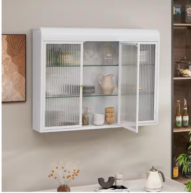 3-Door Arched Wall Mounted Glass Cabinets for Kitchen, Living Room and Bathroom (White)