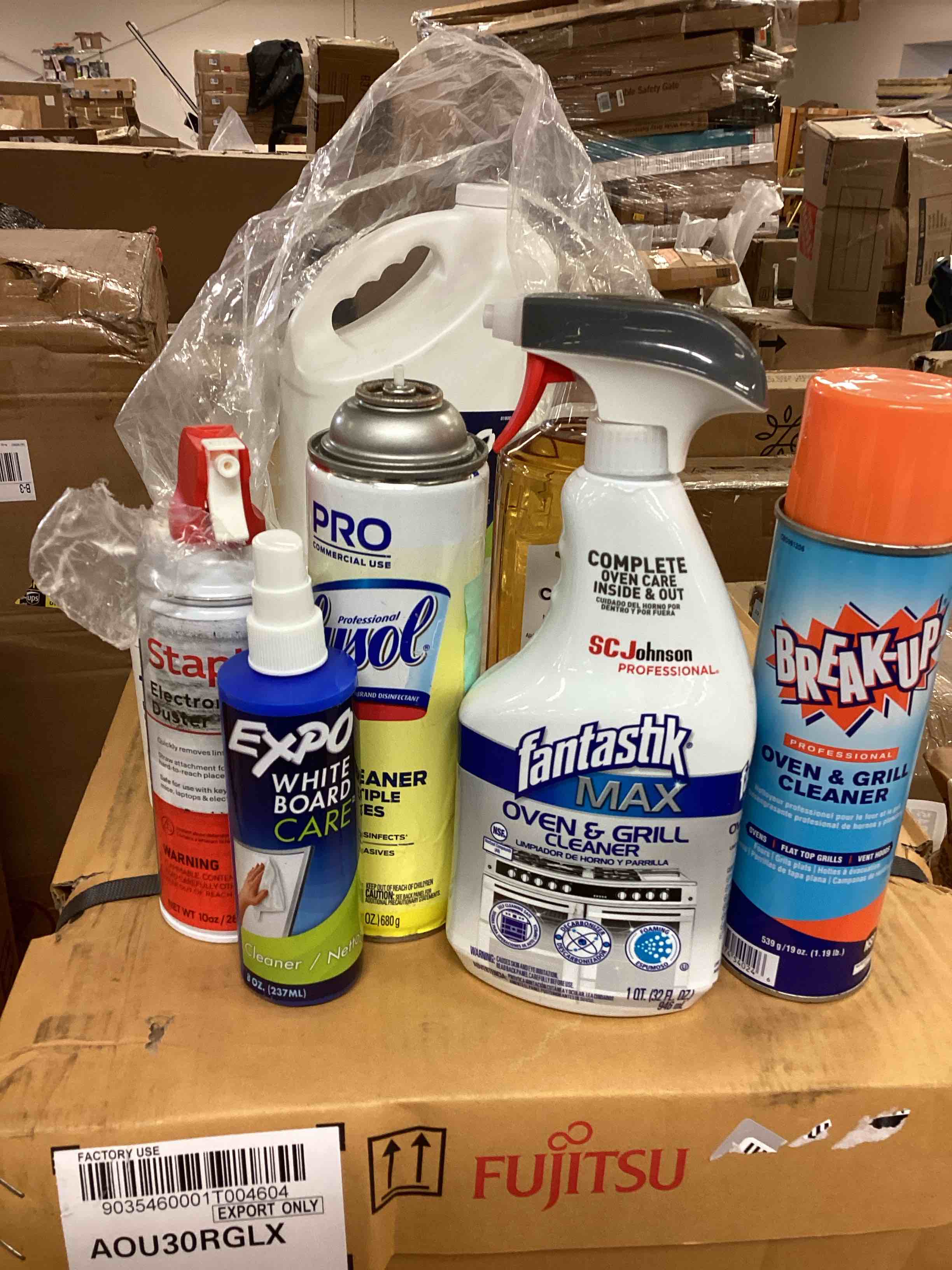 assorted of Soaps, oven grill cleaner, Lysol, white board care, caramel, etc 