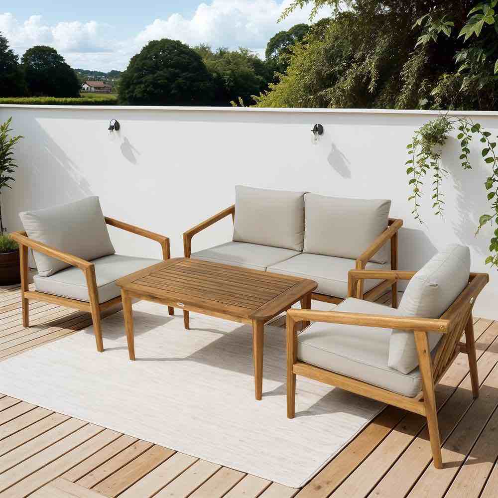 4 Piece Acacia Wood Patio Furniture Set, Outdoor Sofa Set with Thickened Cushions, Light Gray( incomplete 2 of 3 1 box to pick up)