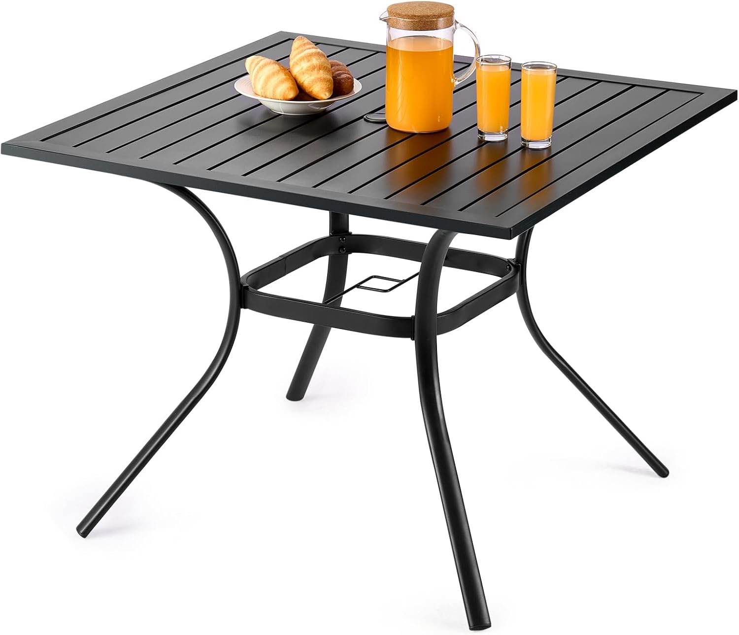MEOOEM Patio Dining Table Outdoor Metal Table with Umbrella Hole, Picnic Table Metal Steel Square Backyard Bistro Table Outdoor Dining Table for Garden, Poolside, Backyard, Black, 37x37inch