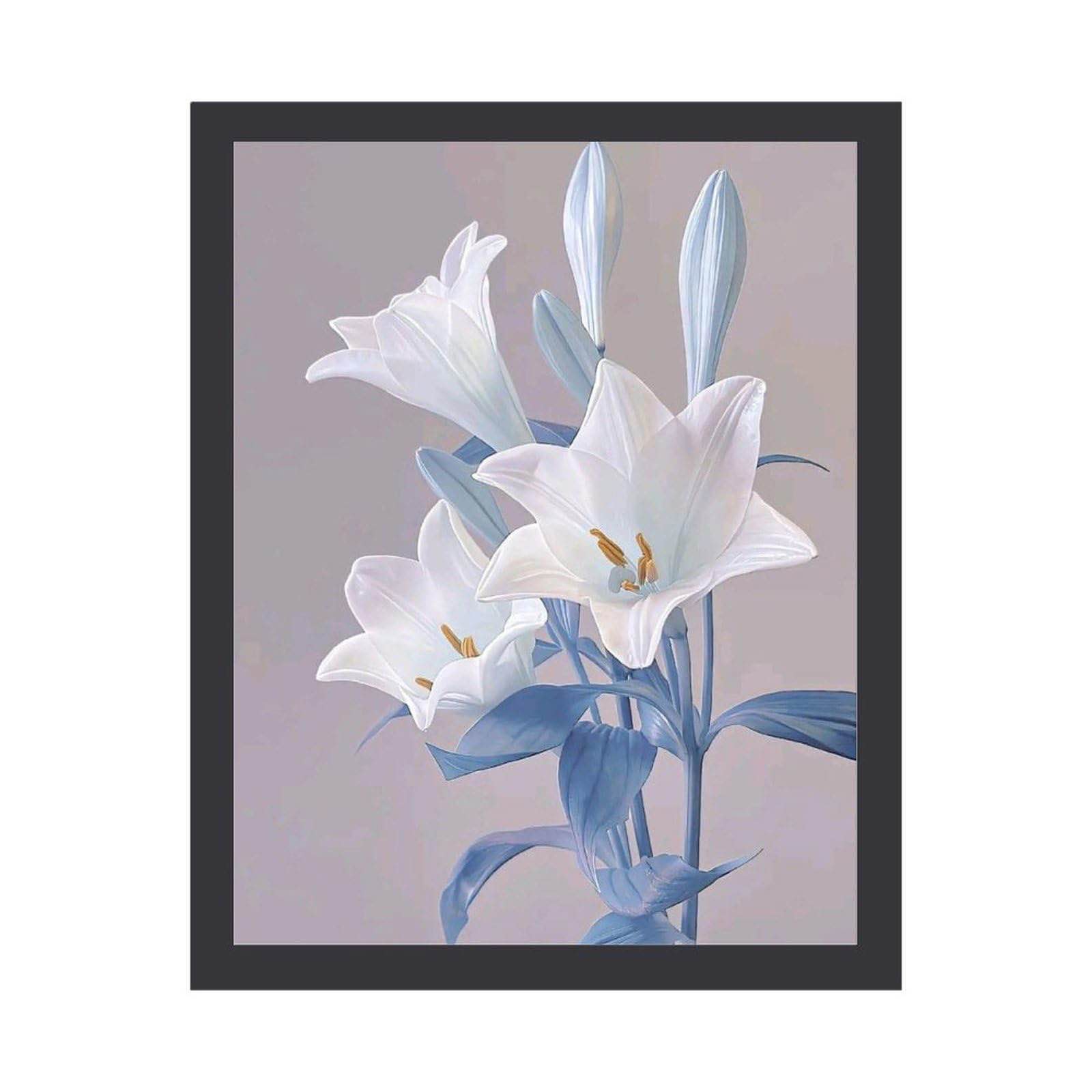 White Lilies and Sky Blue Leaves Painting Super Realistic Flower Illustration Art Panel Poster Wall Hanging Interior Entrance Feng Shui Good Luck Decorative Painting Bedroom Wall Decor Wall Picture Room Decor Framed Finished Product Size 30x40cm