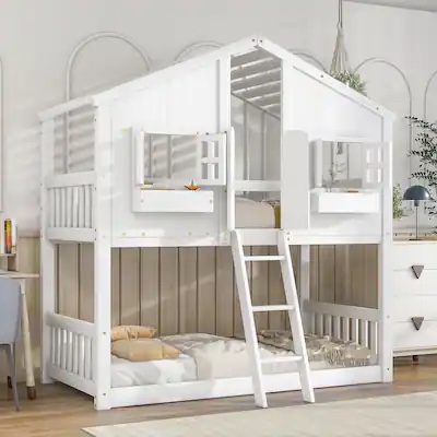 SEE DESCRIPTION House Bunk Bed with Window, Roof, Door, Window Box, Twin over Twin, Guardrails, Ladder WF292704AAK