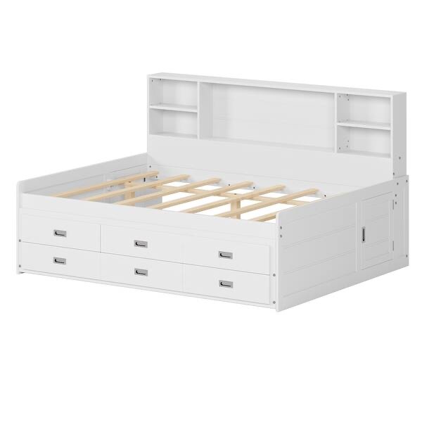 SEE DESCRIPTION Full Size Captain Bed wTrundle and Bookcase Headboard, White Wooden Storage Daybed w3 Drawers and 2 Side Door for Guest Room WF324313AAK