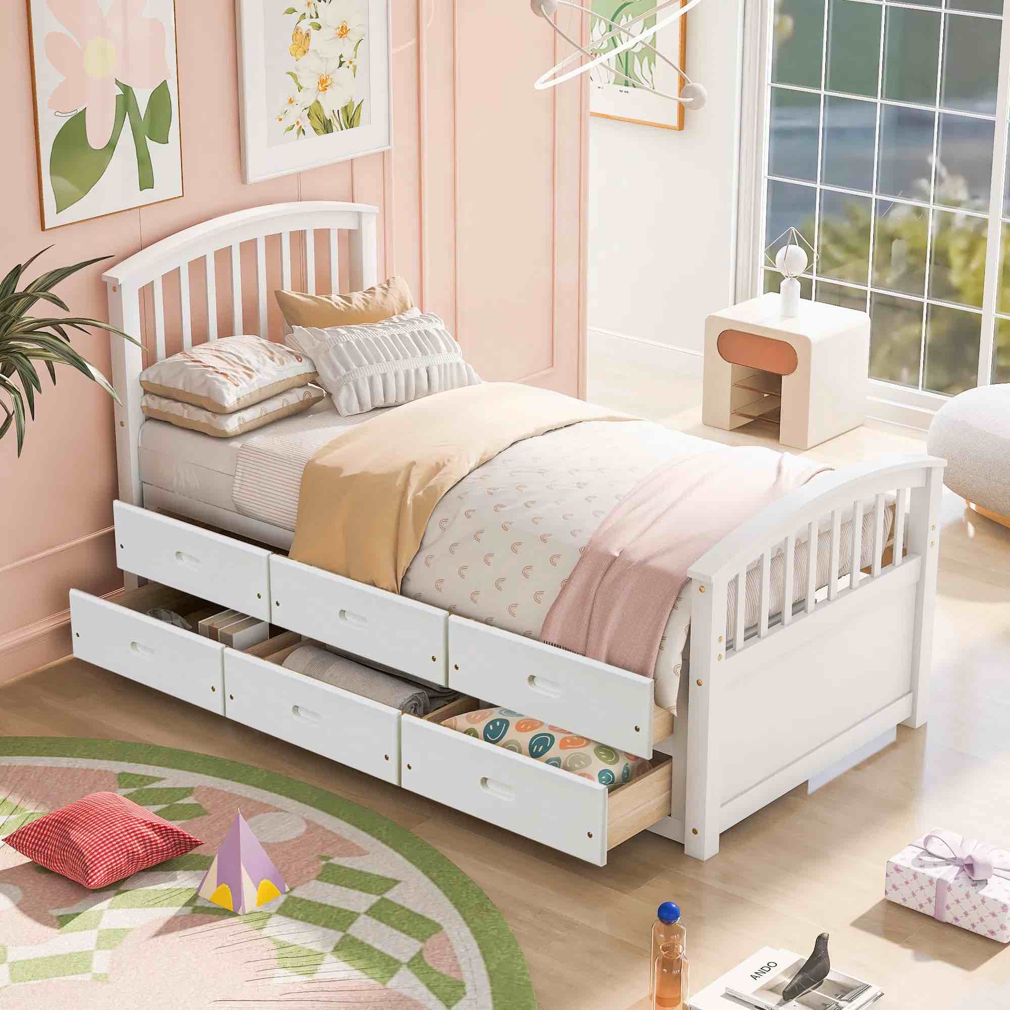 SEE DESCRIPTION Twin Size Platform Storage Bed Solid Wood Bed with 6 Drawers, White WF198042AAK