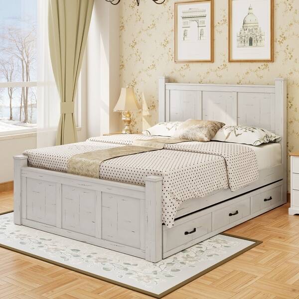  SEE DESCRIPTION Wood Panel Bed Frame with 3 Storage Drawers, Queen Size - White Finish N701P193407K