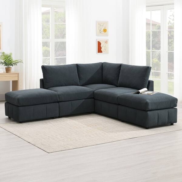 see description dark grey corduroy 93" modern 5-seat armless sectional sofa with vertical stripes, convertible ottomans, various combinations