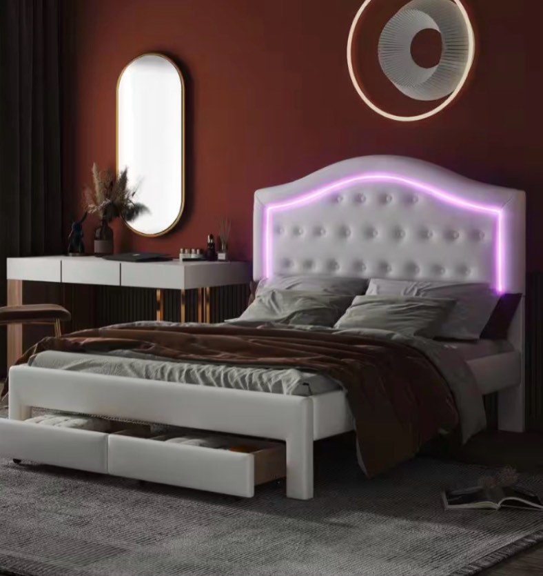 SEE DESCRIPTION N709P179035K White Wood Frame Queen Platform Bed with Tufted Headboard by Polibi