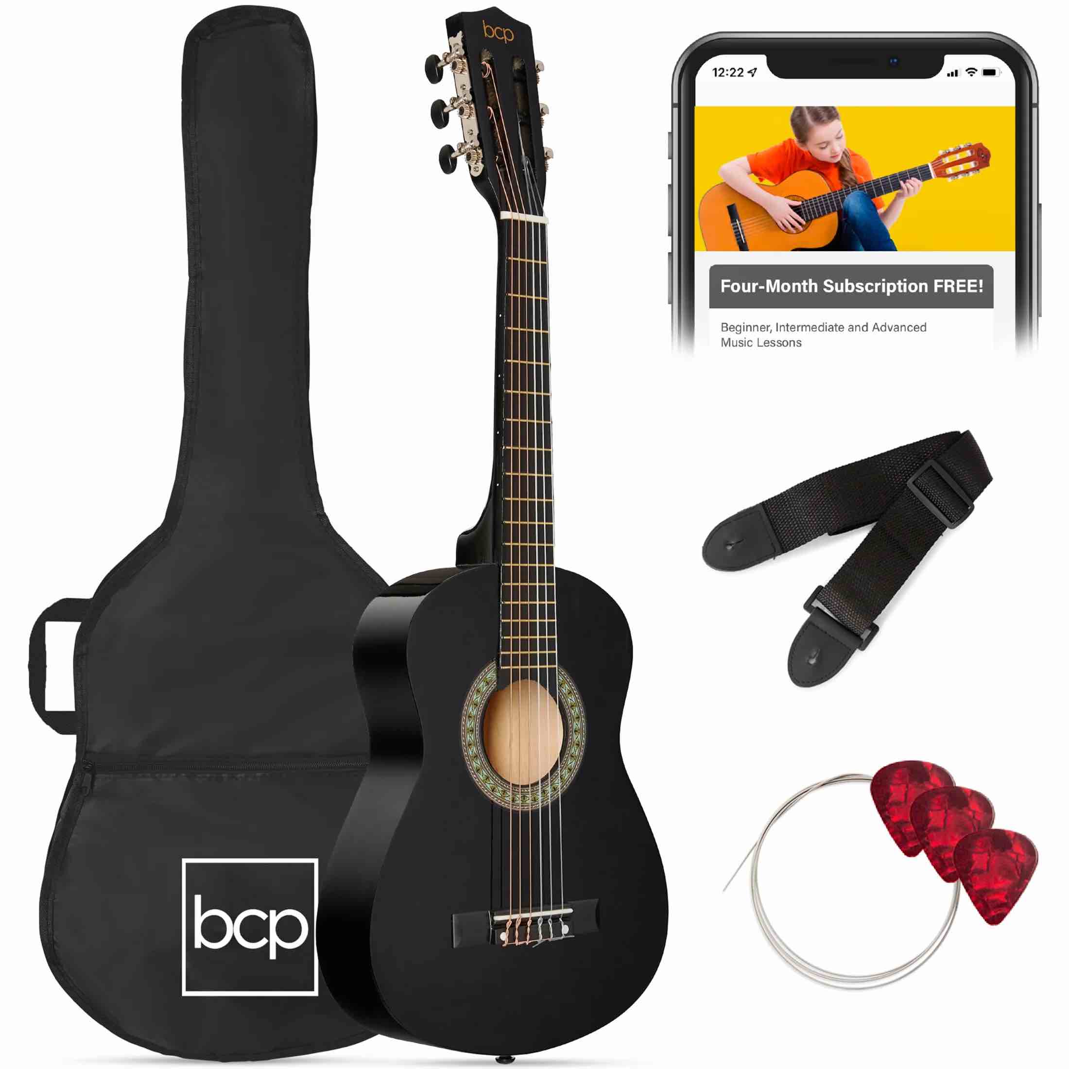 best choice products 30in kids acoustic guitar beginner starter kit w/ strap, case, strings - black