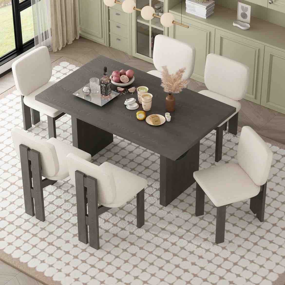  Hero image 0 of 7-Piece Dining Tables Set for 6, Retro Kitchen Rectangular Table with 6 Upholstered Chairs for Dining Room, Living Room, Kitchen, Grey, 0 of 7     Triple Tree 7-Piece Dining Tables Set for 6, Retro Kitchen Rectangular Table with 6 Upholstered Chairs for Dining Room, Living Room, Kitchen, Grey N715P180449D