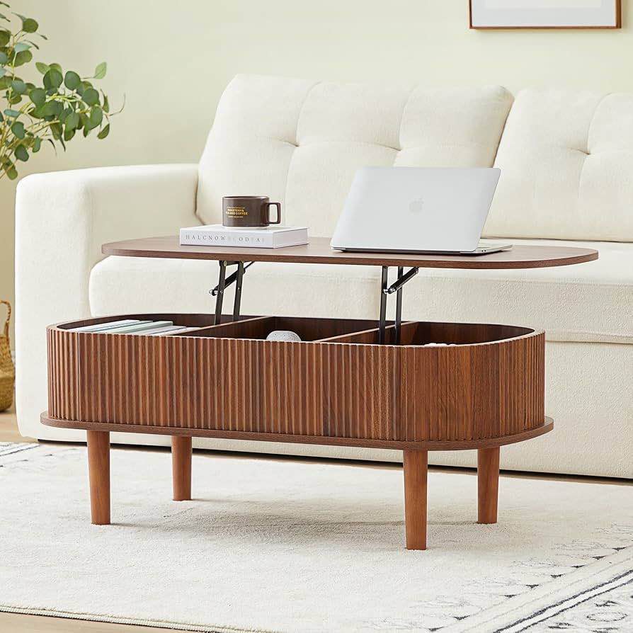 Fluted Lift Top Coffee Table with Hidden Compartment, Fully Assembled Wooden Center Table, Modern Oval Lift Tabletop for Home Living Room Office, Walnut DWL-61161B110-A