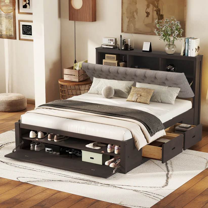 SEE DESCRIPTION Wood Queen Size Platform Bed With Storage Headboard, Shoe Rack And 4 Drawers,Espresso Box Spring Not Required Queen Espresso Wood Bedroom Bed Frame Solid Wood Mdf WF320019AAD