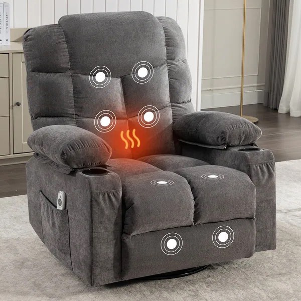 Grey Fabric Oversized 360° Swivel Rocking Recliner Chair with Vibration Massage, Heating, USB Charge Port, and 2 Cup Holders, WSL-1230-2GSM-GREY, Box 2 of 2